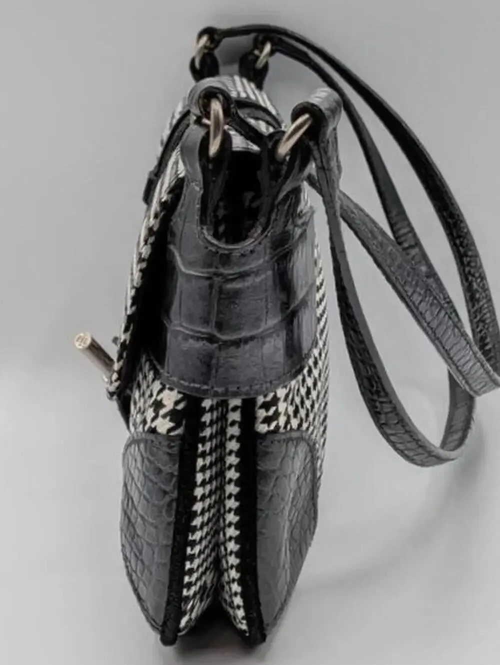 Lauren Ralph Lauren $298 Y2K Black White Purple Houndstooth Leather Accent Bag - Picture 9 of 10